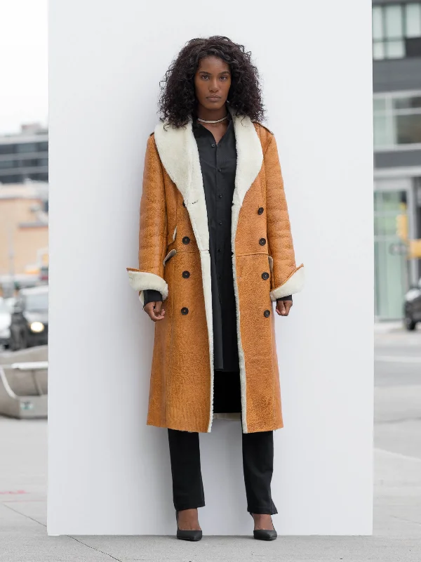 Women's knee - length wool blend coats with a fur collar for added warmthShearling-Lined Camel Leather Coat Women's knee - length wool blend coats with a fur collar for added warmthShearling-Lined Camel Leather Coat
