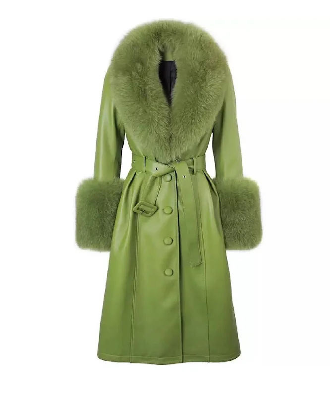 Women's longline double - breasted camel coats for a sophisticated lookSheep Skin Leather Long Coat With Fox Fur Collar and Sleeves Women's longline double - breasted camel coats for a sophisticated lookSheep Skin Leather Long Coat With Fox Fur Collar and Sleeves