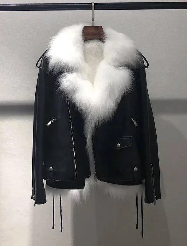 Women's cropped leather coats with silver studs for an edgy lookSheepskin Leather Biker Jacket With Fox Fur Vest Lining