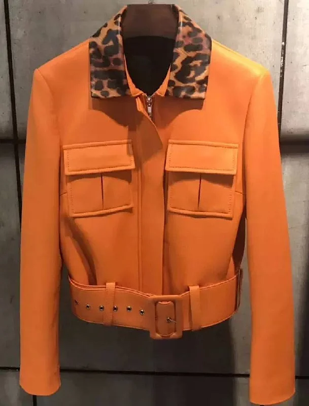 Belted women's cashmere coats in soft pastels for a luxurious feelSheepskin Leather Jacket With Leopard Collar