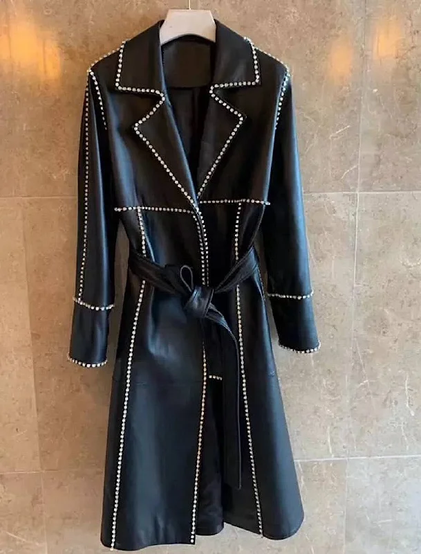 Mid - length women's down coats in a slim fit for a modern and sleek appearanceSheepskin Leather Long Coat With Crystal Trims Mid - length women's down coats in a slim fit for a modern and sleek appearanceSheepskin Leather Long Coat With Crystal Trims