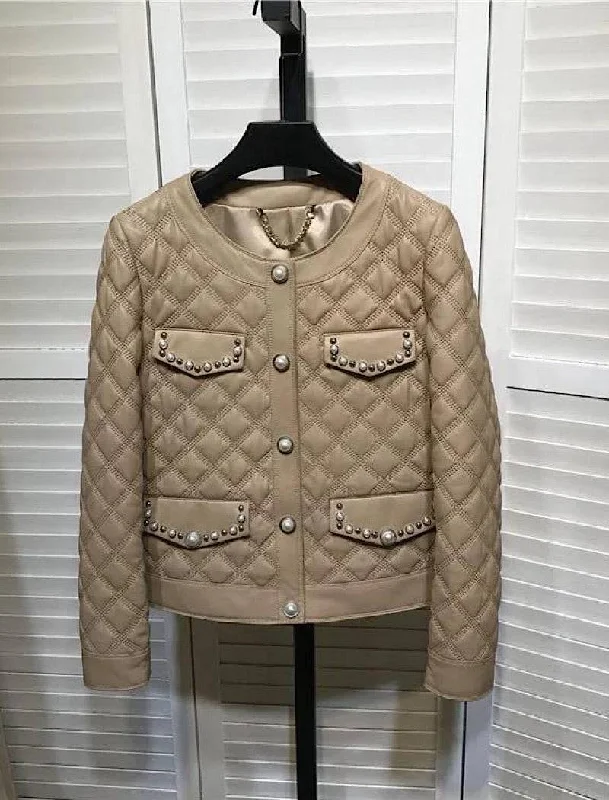 Oversized women's wool coats in a monochromatic look for a trendy outfitSheepskin Studded Quilted Leather Jacket Oversized women's wool coats in a monochromatic look for a trendy outfitSheepskin Studded Quilted Leather Jacket