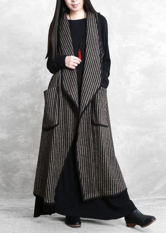 Women's longline double - breasted camel coats for a sophisticated lookSimple Black Chocolate Striped Pockets Peter Pan Collar Fall Waistcoat Long Women's longline double - breasted camel coats for a sophisticated lookSimple Black Chocolate Striped Pockets Peter Pan Collar Fall Waistcoat Long