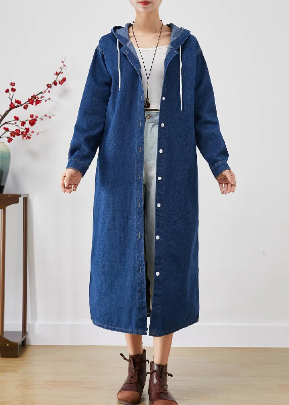 Long women's mac coats in a lightweight fabric for spring showersSimple Blue Hooded Button Down Denim Trench Coats Fall Long women's mac coats in a lightweight fabric for spring showersSimple Blue Hooded Button Down Denim Trench Coats Fall