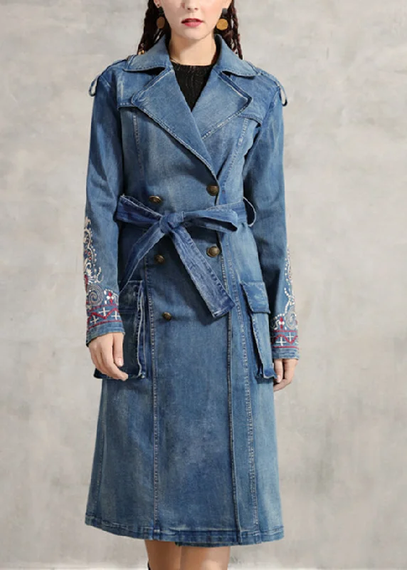 Women's waterproof parka coats with multiple pockets for practicalitySimple Blue Peter Pan Collar Pockets Embroideried double breast Sashes Cotton Denim trench coats Spring Women's waterproof parka coats with multiple pockets for practicalitySimple Blue Peter Pan Collar Pockets Embroideried double breast Sashes Cotton Denim trench coats Spring