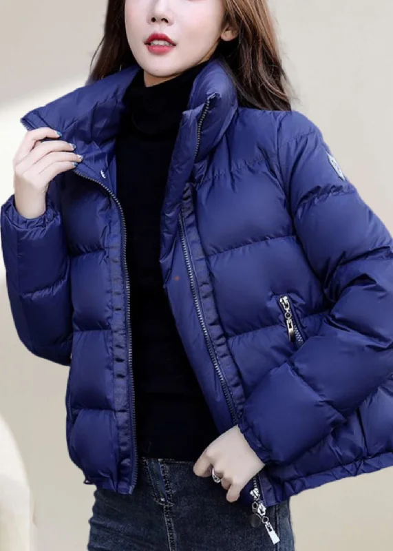 Quilted down women's coats with removable hoods for outdoor activitiesSimple Blue Stand Collar Zip Up Solid Down Coat Winter