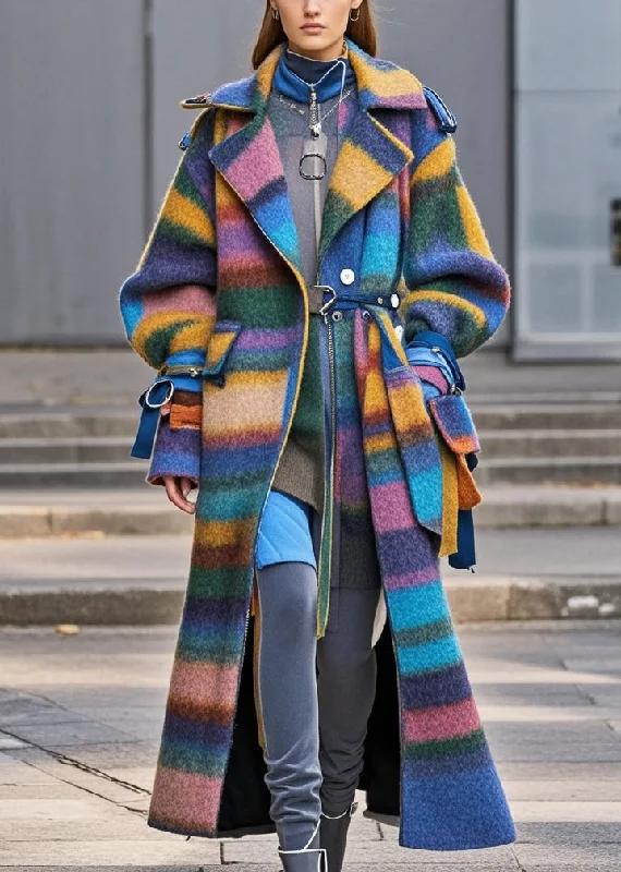 Long women's mac coats in a lightweight fabric for spring showersSimple Multicolor Oversized Striped Woolen Coat Fall