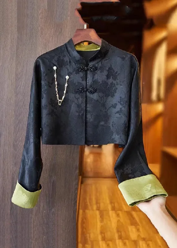 Hooded women's puffer coats in neon colors for high - visibility sportsSlim Fit Black Stand Collar Embroideried Button Silk Linen Coat Long Sleeve