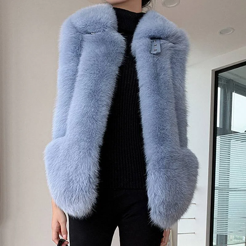 Hooded women's puffer coats in neon colors for high - visibility sportsSoft Thick Plush Fox Fur Gilet With Hidden Pockets and Collar