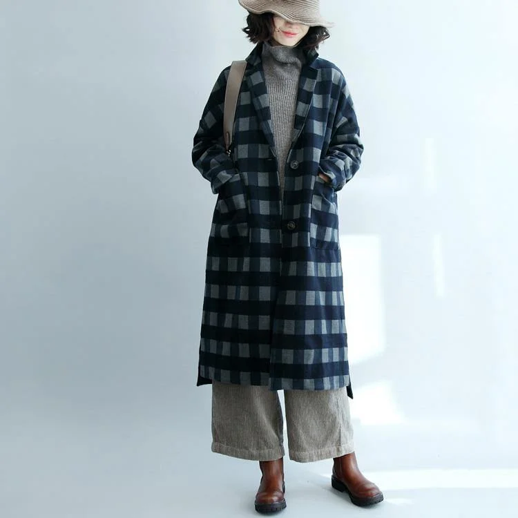 Women's faux fur coats in bright colors for a bold fashion statementSpring Blue Grid Wool Coat Oversized Long Jackets Fashion Long Coats