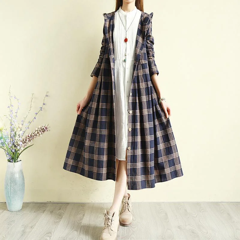 Women's knee - length wool blend coats with a fur collar for added warmthSpring blue Plaid coat Loose fitting hooded Button Down long coat Women's knee - length wool blend coats with a fur collar for added warmthSpring blue Plaid coat Loose fitting hooded Button Down long coat