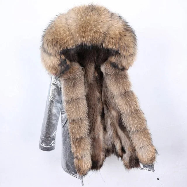 Water - resistant women's trench coats with adjustable cuffs for rainy daysStreet Style Silver Color Women's Winter Jacket with Raccoon Fur Collar Water - resistant women's trench coats with adjustable cuffs for rainy daysStreet Style Silver Color Women's Winter Jacket with Raccoon Fur Collar