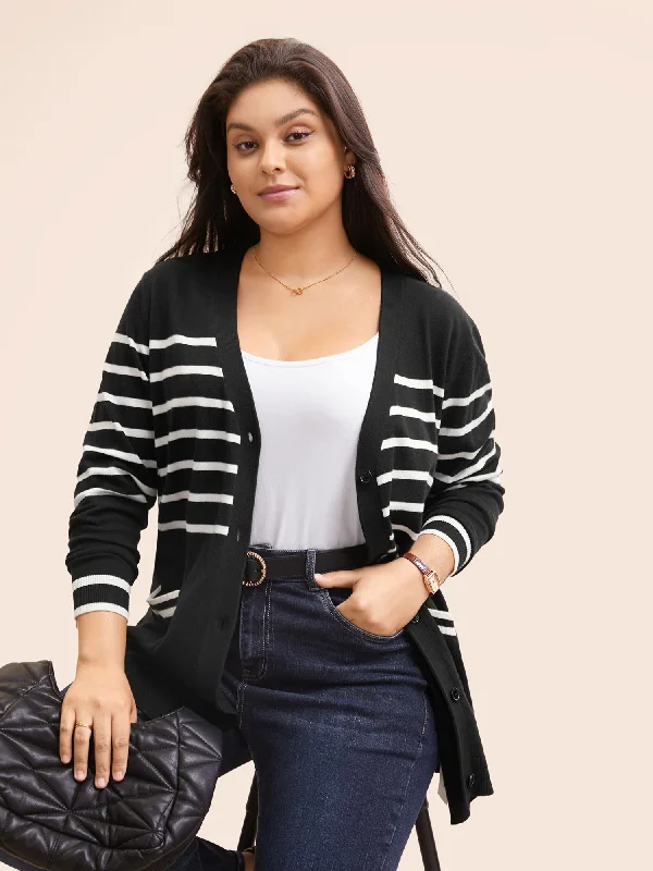 long length women cardigan with side slitsStriped V Neck Button Up Pocket Cardigan
