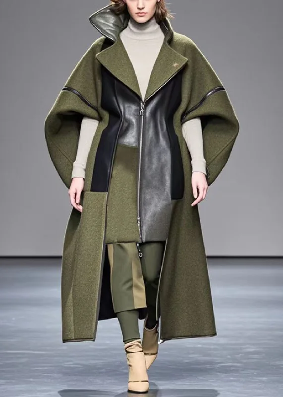 Women's faux fur coats in bright colors for a bold fashion statementStyle Army Green Oversized Patchwork Woolen Coat Outwear Fall