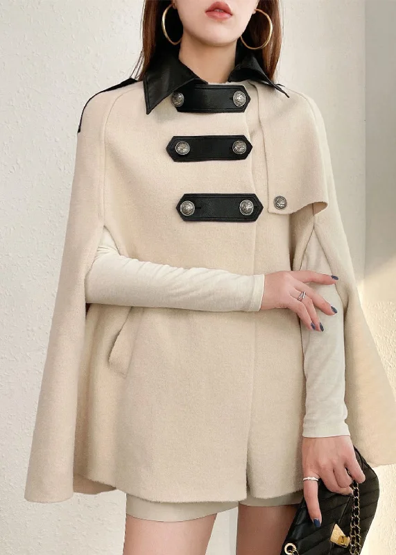 Women's reversible down coats with two - tone designs for versatile stylingStyle Beige Peter Pan Collar Faux Leather Patchwork Woolen Coats Cloak Sleeves Women's reversible down coats with two - tone designs for versatile stylingStyle Beige Peter Pan Collar Faux Leather Patchwork Woolen Coats Cloak Sleeves
