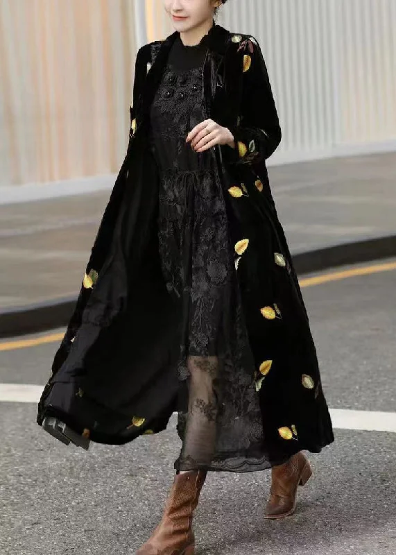 Hooded women's puffer coats in neon colors for high - visibility sportsStyle Black Notched Print Silk Velour Long Trench Coats Long Sleeve