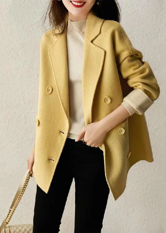 Women's waterproof parka coats with multiple pockets for practicalityStyle Yellow Double Breast Patchwork Woolen Jacket Fall