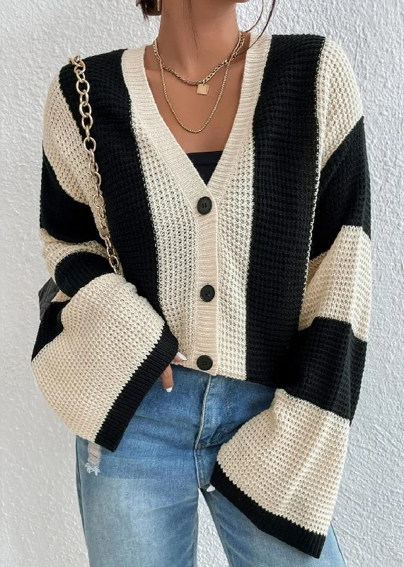 Shearling - lined women's leather coats for ultimate warmth and luxuryStylish Apricot V Neck Striped Knit Loose Coat Fall