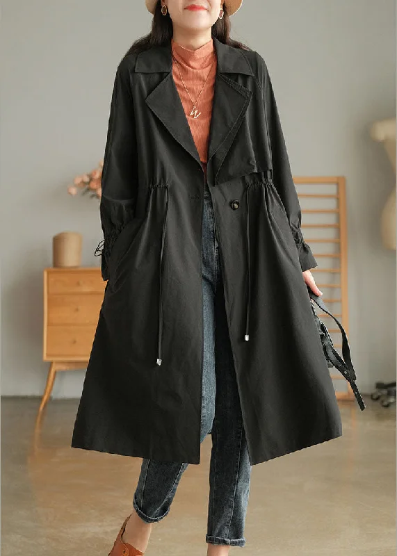 Mid - length women's down coats in a slim fit for a modern and sleek appearanceStylish Black Peter Pan Collar Drawstring Cotton Trench Coat Outwear Fall