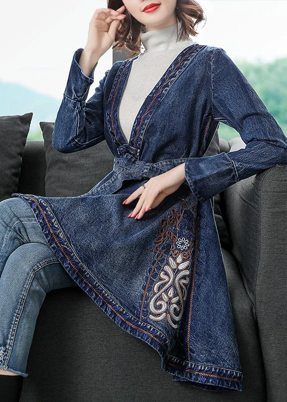 Embroidered women's cotton coats in a bohemian pattern for a unique designStylish Blue V Neck Embroideried Tie Waist Cotton Denim Trench Coats Long Sleeve Embroidered women's cotton coats in a bohemian pattern for a unique designStylish Blue V Neck Embroideried Tie Waist Cotton Denim Trench Coats Long Sleeve