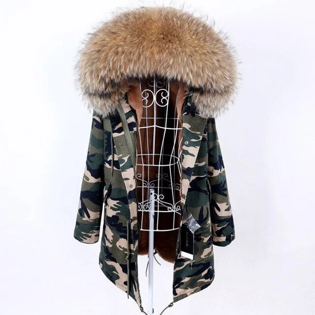 Mid - length women's down coats in a slim fit for a modern and sleek appearanceStylish Camo Pattern Women's Real Fur Winter Coat Jacket with Fur Collar Mid - length women's down coats in a slim fit for a modern and sleek appearanceStylish Camo Pattern Women's Real Fur Winter Coat Jacket with Fur Collar