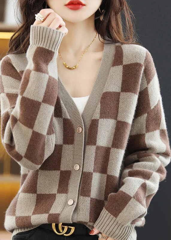 Petite women's wool blend coats with a tailored fit for a flattering silhouetteStylish Coffee V Neck Plaid Woolen Loose Coat Fall