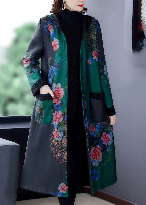 Checkered women's wool coats in a classic pattern for a timeless styleStylish Green Hooded Print Warm Fleece Trench Coats Winter
