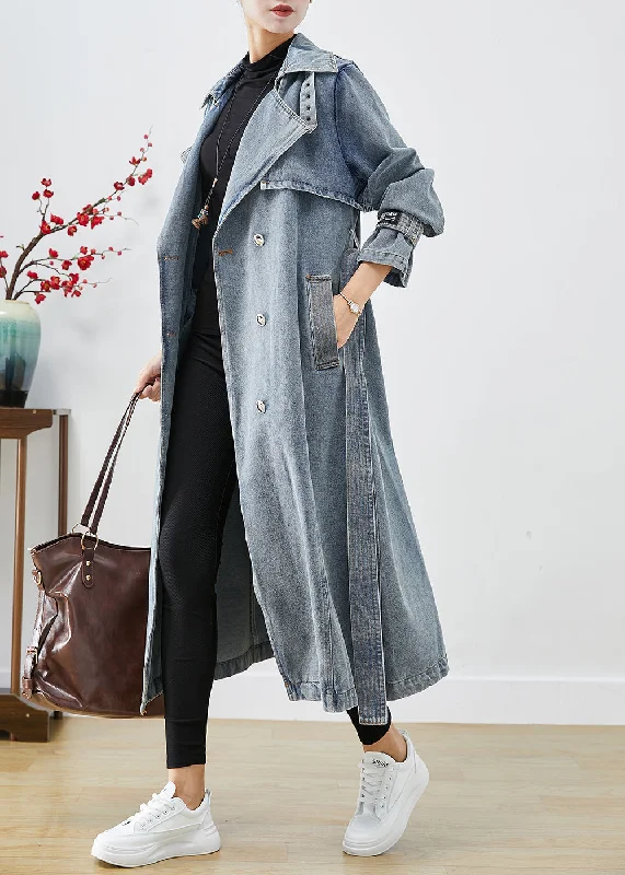 Hooded women's puffer coats in neon colors for high - visibility sportsStylish Light Blue Double Breast Oversized Denim Trench Coats Fall