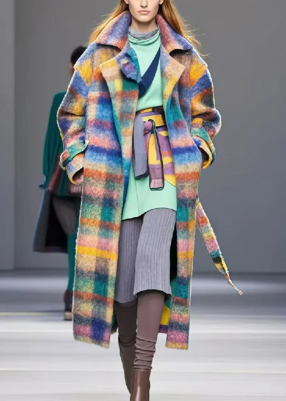 Women's knee - length wool blend coats with a fur collar for added warmthStylish Multicolor Oversized Plaid Woolen Coat Fall