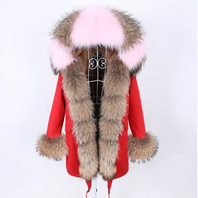Hooded women's puffer coats in neon colors for high - visibility sportsStylish Red Natural Fur Collar Hooded Long-Sleeved Winter Jacket for Women