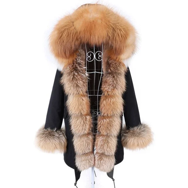 Oversized women's wool coats in a monochromatic look for a trendy outfitStylish Solid Color Natural Fur Collar Hooded Long-Sleeved Jacket for Women