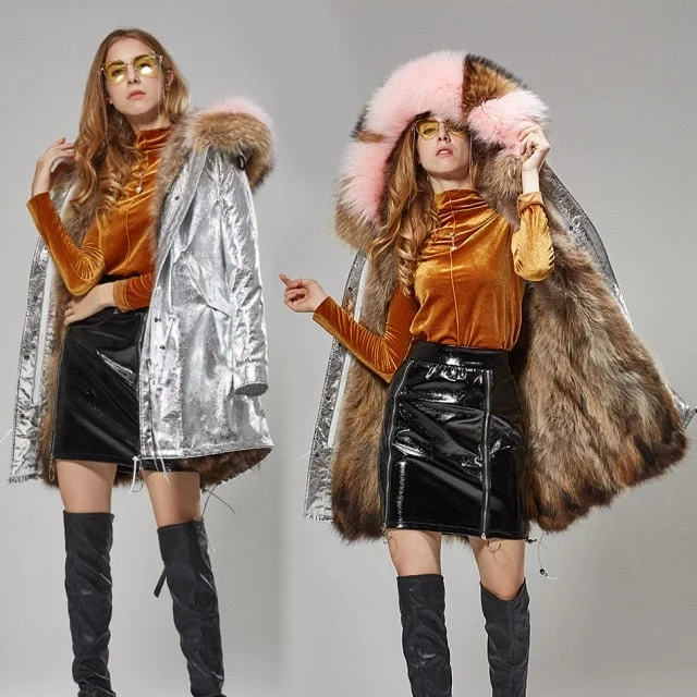 Long women's mac coats in a lightweight fabric for spring showersStylish Women's Thick Warm Long Winter Jacket with Natural Raccoon Fur Hood