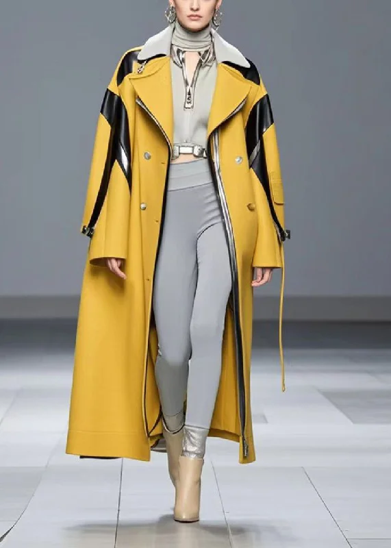 Women's longline double - breasted camel coats for a sophisticated lookStylish Yellow Oversized Patchwork Woolen Trench Coat Fall Women's longline double - breasted camel coats for a sophisticated lookStylish Yellow Oversized Patchwork Woolen Trench Coat Fall