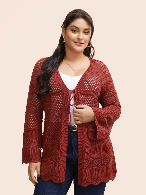 plus size women cardigan for comfortable layeringTexture Tie Knot Bell Sleeve Cardigan plus size women cardigan for comfortable layeringTexture Tie Knot Bell Sleeve Cardigan