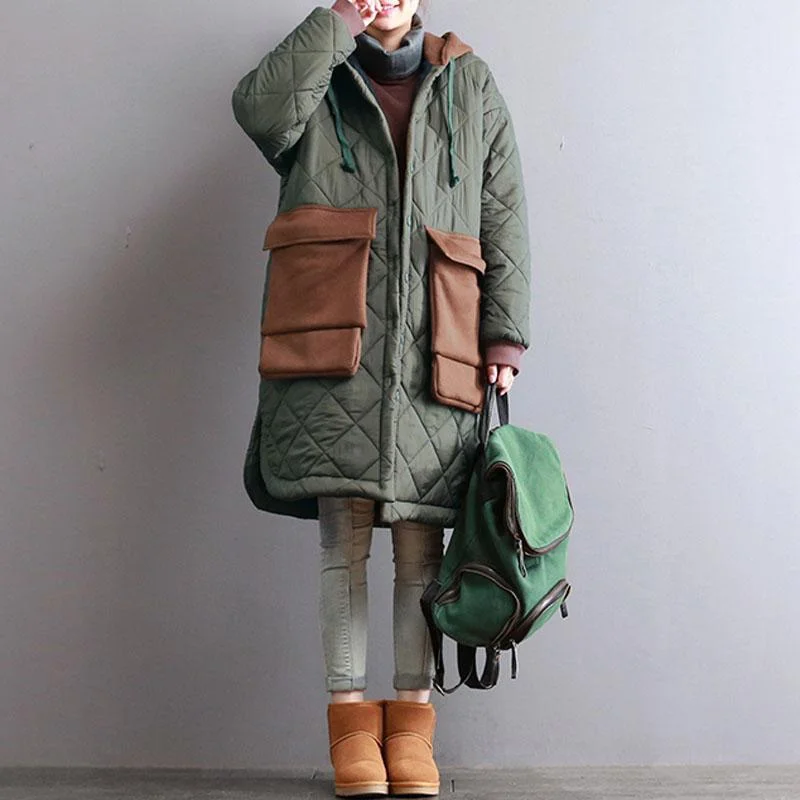 Plus size women's wool blend coats for a warm and stylish winterthick army green women oversized hooded drawstring Coats patchwork Large pockets winter coats