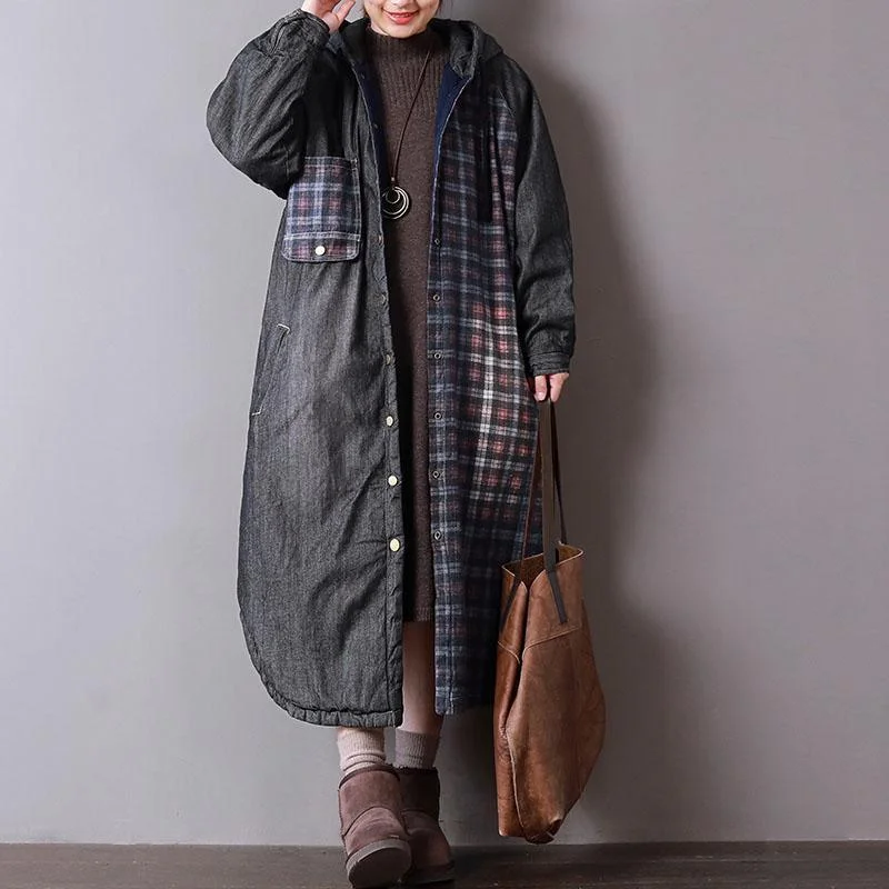 Shearling - lined women's leather coats for ultimate warmth and luxurythick black denim parkas for women casual hooded jacket women pockets patchwork coats
