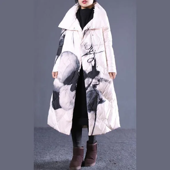 Embroidered women's cotton coats in a bohemian pattern for a unique designthick light nude print quilted coat oversized stand collar down overcoat Elegant pockets zippered down overcoat