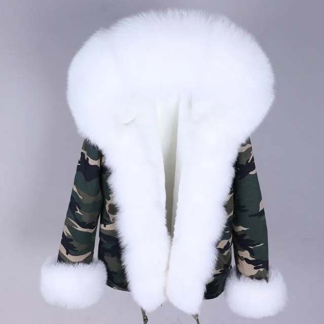 Embroidered women's cotton coats in a bohemian pattern for a unique designThick Warm Natural Raccoon Fox Fur Women's Coat Short Zipper Hood Jacket
