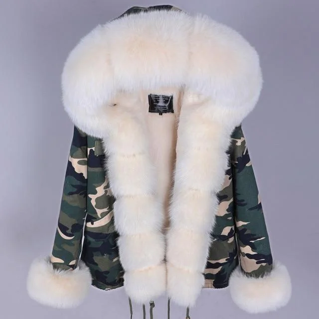 Oversized women's wool coats in a monochromatic look for a trendy outfitThick Warm Winter Jacket with Hood Real Fox Raccoon Fur Parka for Women