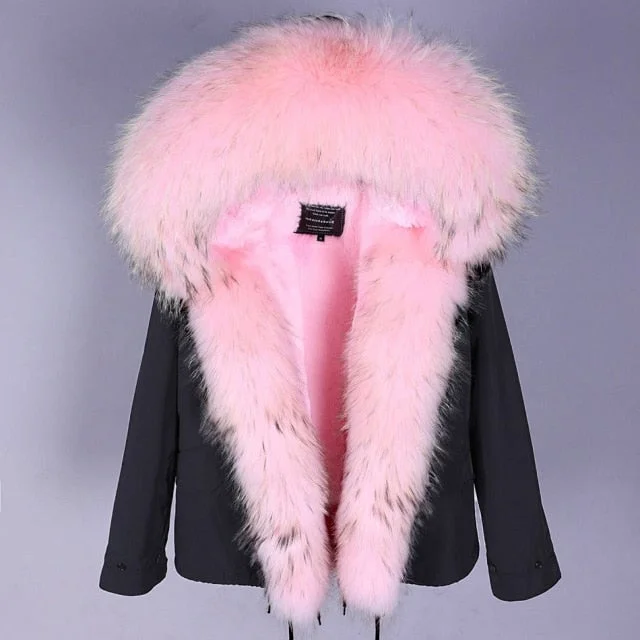 Women's knee - length wool blend coats with a fur collar for added warmthThick Warm Zipper Closed Natural Raccoon Fur Collared Winter Jacket for Women Women's knee - length wool blend coats with a fur collar for added warmthThick Warm Zipper Closed Natural Raccoon Fur Collared Winter Jacket for Women