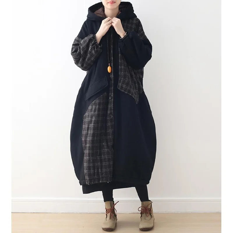 Hooded women's puffer coats in neon colors for high - visibility sportstop quality black patchwork Plaid women Loose fitting hooded Coats thick Batwing Sleeve pockets winter cotton outwear