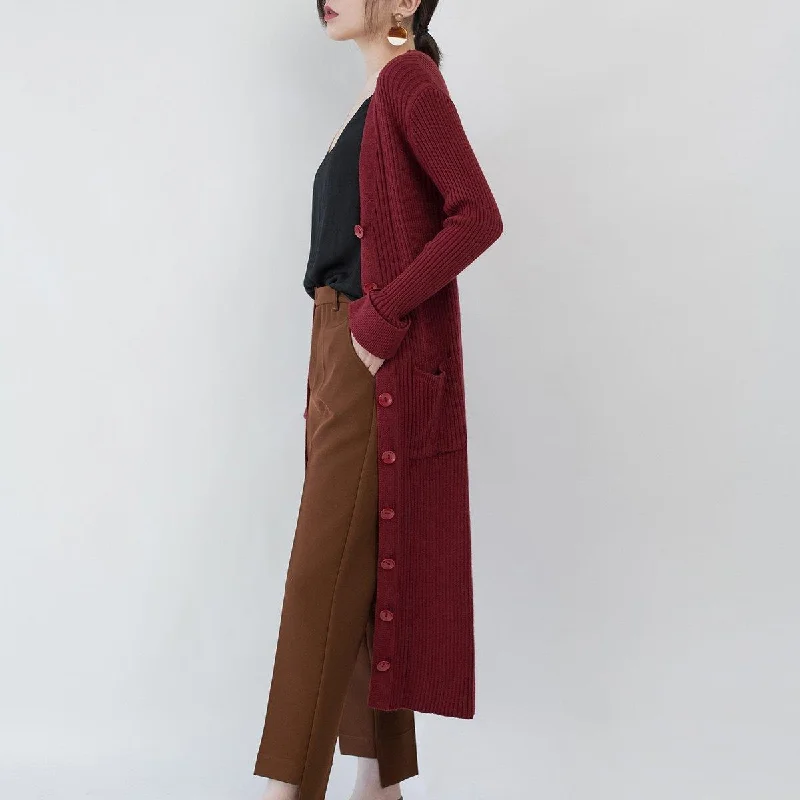 Women's knee - length wool blend coats with a fur collar for added warmthtop quality burgundy knit coat casual V neck slim Wool Coat top quality pockets knitted cardigan long jackets