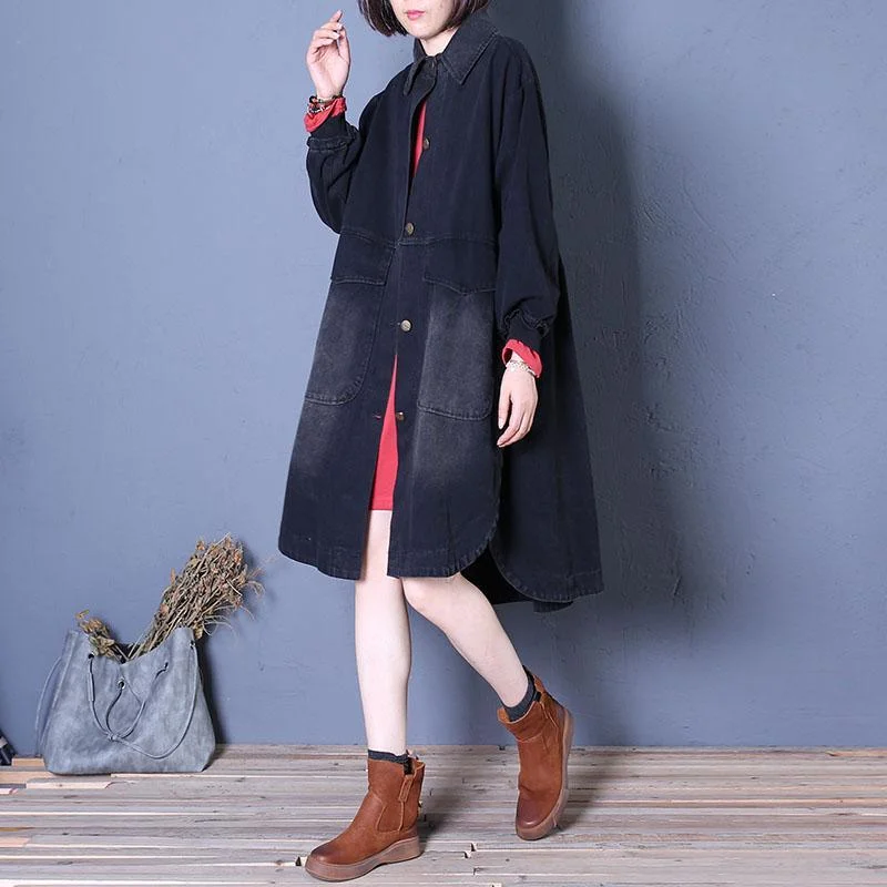 Women's longline double - breasted camel coats for a sophisticated looktop quality denim black overcoat Loose fitting mid-length coats fall lapel Large pockets