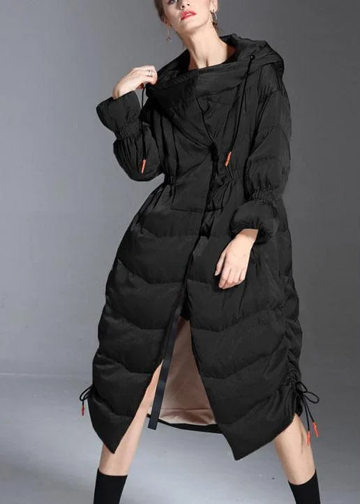 Embroidered women's cotton coats in a bohemian pattern for a unique designTrendy Black hooded drawstring slim fit Winter Duck Down down coat