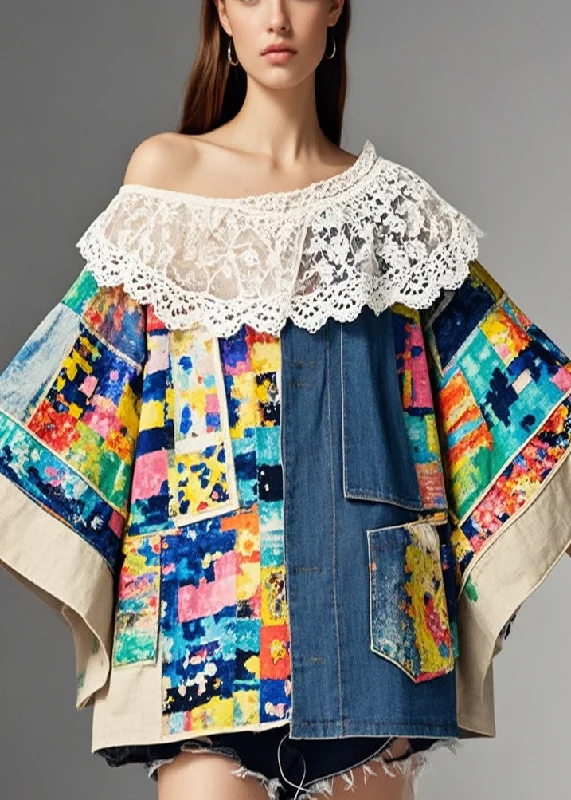 Quilted down women's coats with removable hoods for outdoor activitiesUnique Asymmetrical Lace Patchwork Print Denim Coats Fall