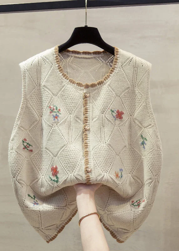 Belted women's cashmere coats in soft pastels for a luxurious feelUnique Beige O-Neck Embroidered Floral Cotton Knit Waistcoat Fall