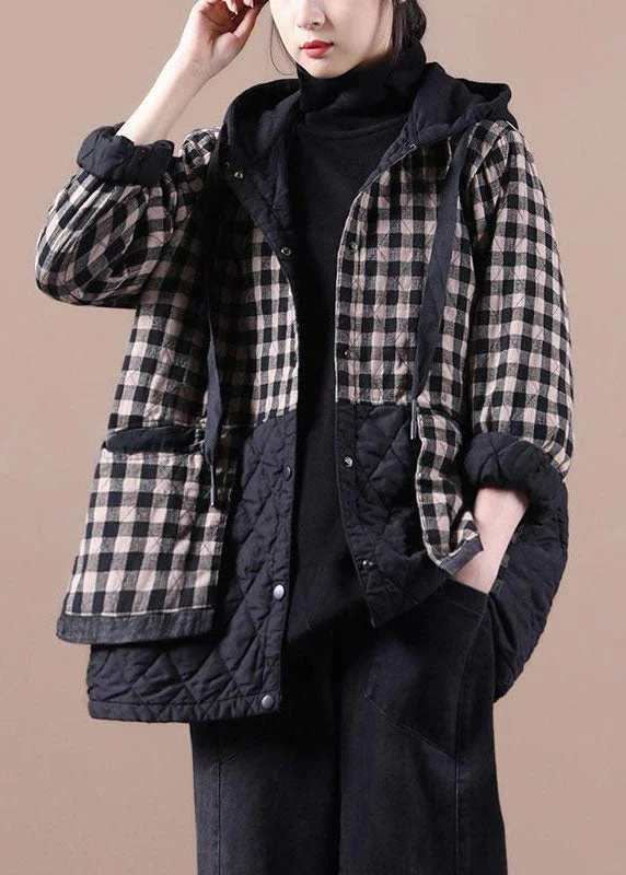 Quilted down women's coats with removable hoods for outdoor activitiesUnique Black Plaid Oversized Fine Parka Hoodies Outwear Winter Jacket