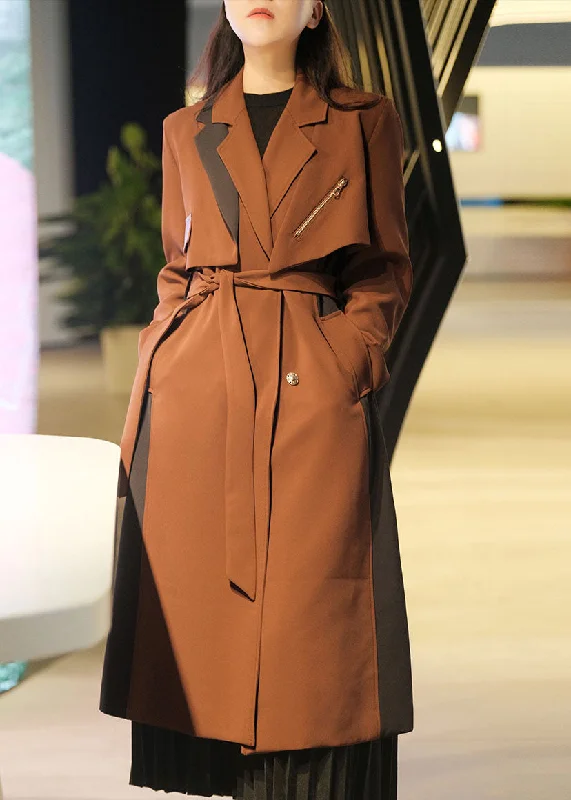Women's faux fur coats in bright colors for a bold fashion statementUnique Caramel Zip Up Patchwork Spandex Trench Coats 2 Piece Outfit Fall