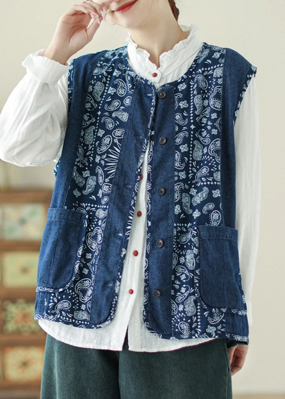 Shearling - lined women's leather coats for ultimate warmth and luxuryUnique Denim Blue O-Neck Print Pockets Waistcoat Spring