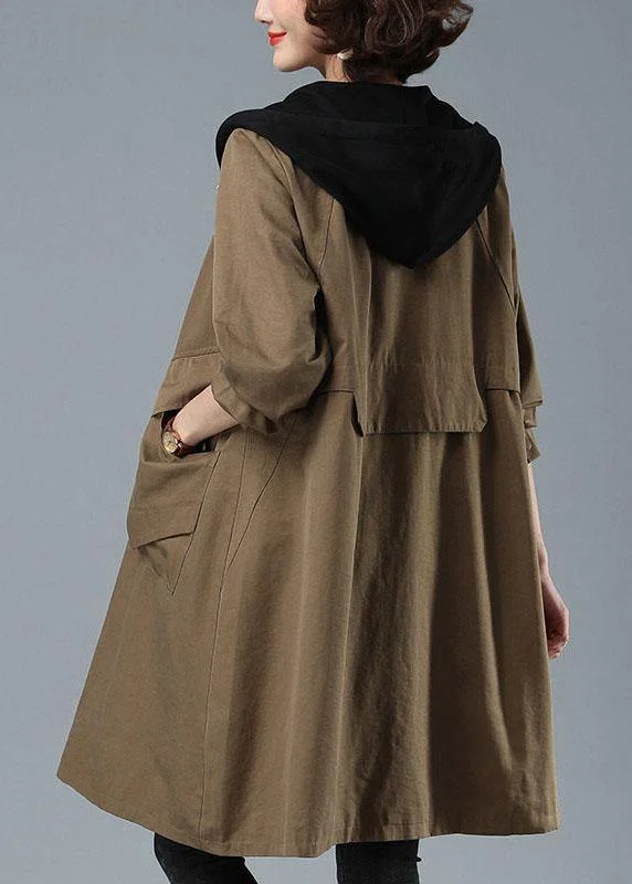 Long women's mac coats in a lightweight fabric for spring showersUnique Khaki Loose Patchwork Pockets Fall Hoodie Coat Long women's mac coats in a lightweight fabric for spring showersUnique Khaki Loose Patchwork Pockets Fall Hoodie Coat